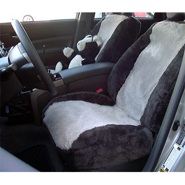 sheepskin car seat and teddy bear